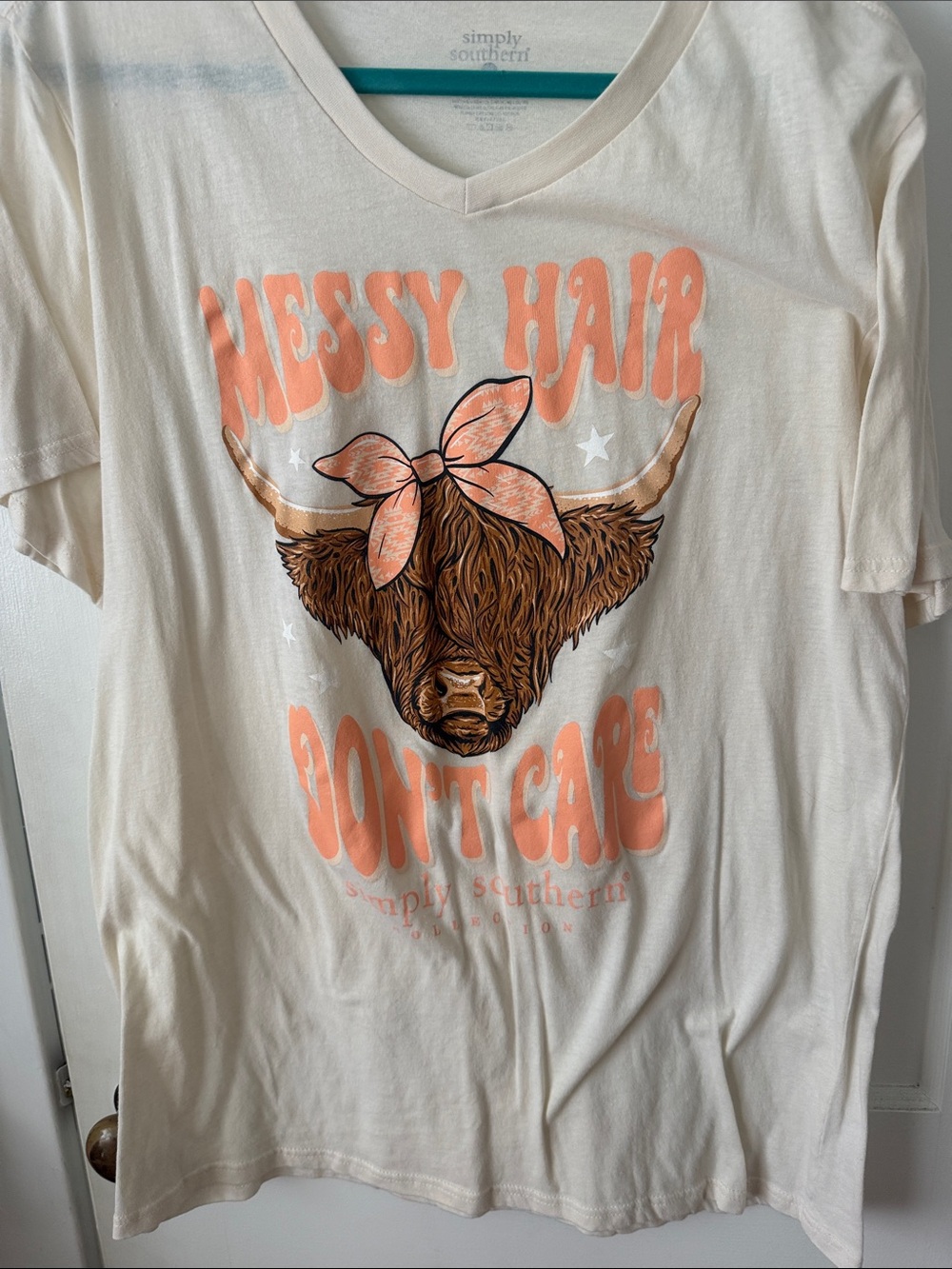 Simply Southern Cream Tee with Brown Highland Cow and Peach Graphic